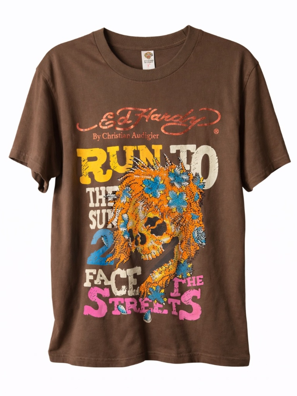 Ed Hardy Skull Rhinestone Graphic Tee Y2K Christian Audigier Brown Large USA